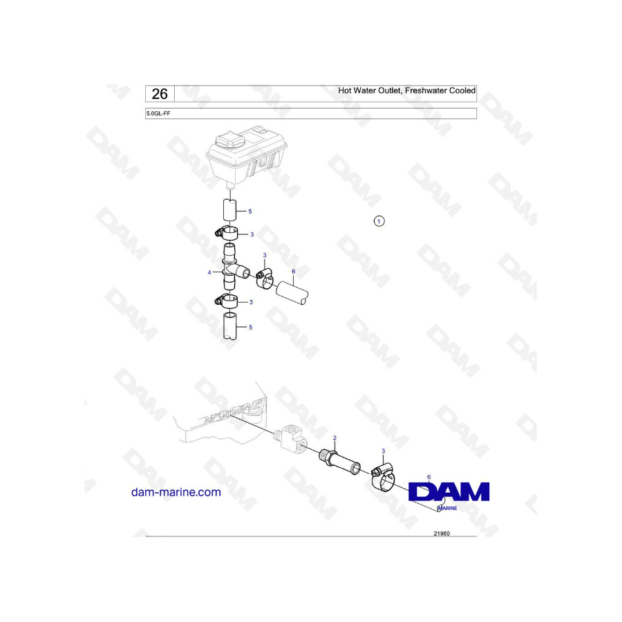 Volvo Penta 5.0L GL - Hot water outlet, freshwater cooled