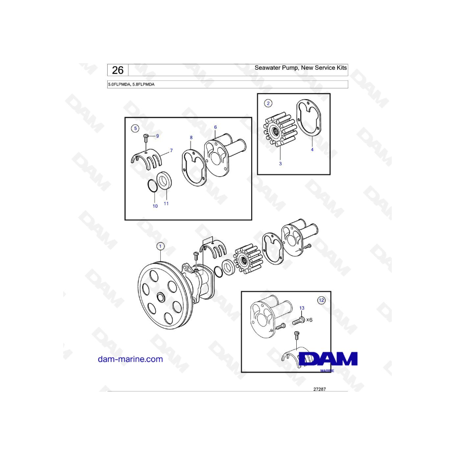 Volvo Penta 5.8L FL 5.0 FL Seawater Pump, New Service Kits DAM Marine