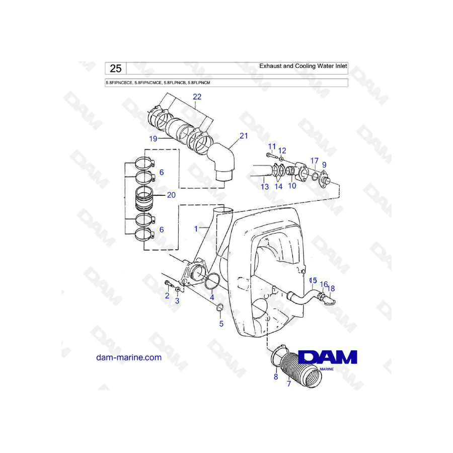  Volvo Penta 5.8L FI - Entrada de agua de escape y refrigeración