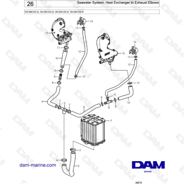 Volvo Penta V8-300 - Seawater system : heat exchanger to exhaust elbows