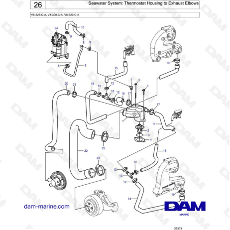 Volvo Penta V8-225 - Seawater system: thermostat housing to exhaust elbows