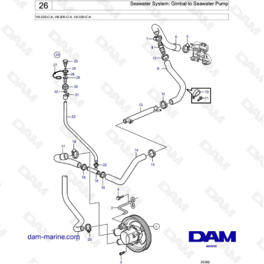 Volvo Penta V8-225 - Seawater system: gimbal to seawater pump