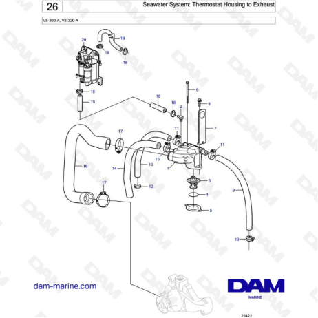 Volvo Penta V8-320 - Seawater system : thermostat housing to exhaust