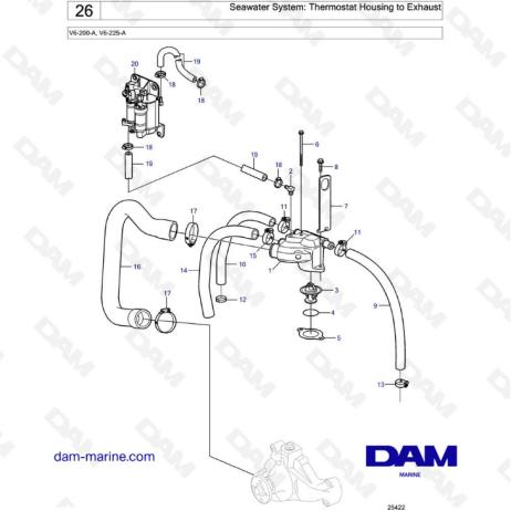 Volvo Penta V6-200 - Seawater system : thermostat housing to exhaust