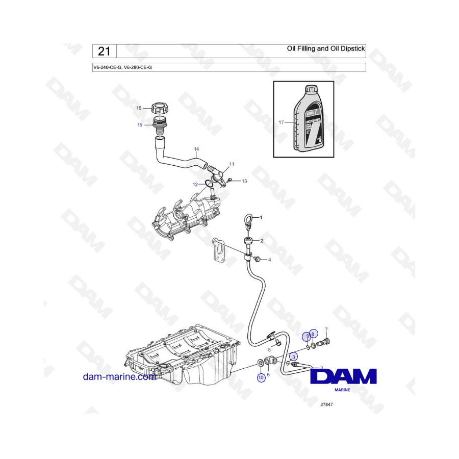 Volvo Penta V6-240 / V6-280 - Oil filling & oil dipstick 