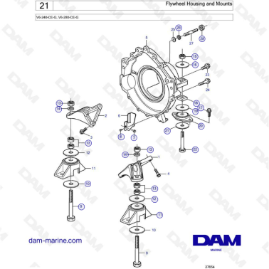 Volvo Penta V6-240 / V6-280 - Flywheel housing & mounts