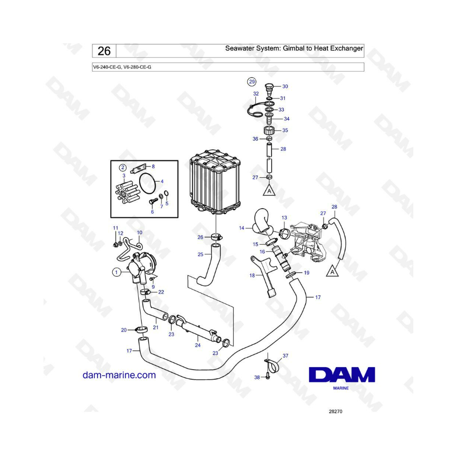 Volvo Penta V6-240 / V6-280 - Seawater system: gimbal to heat exchanger