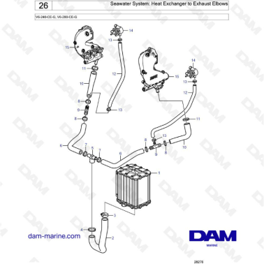 Volvo Penta V6-240 / V6-280 - Seawater system : heat exchanger to exhaust elbows