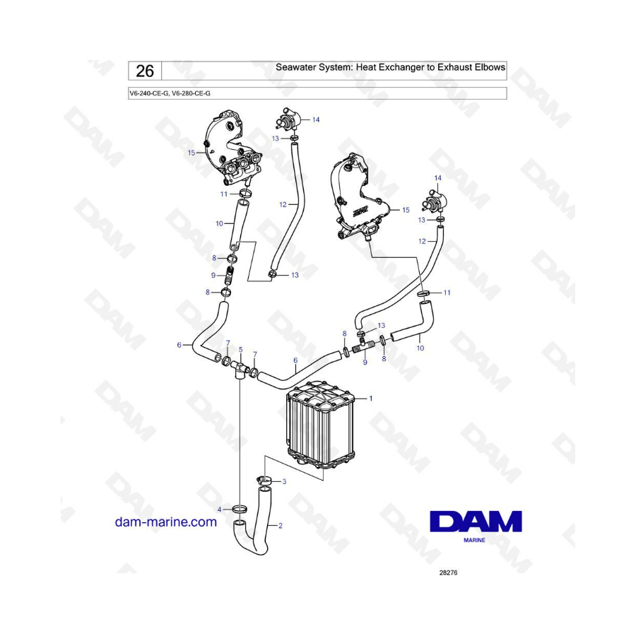 Volvo Penta V6-240 / V6-280 - Seawater system : heat exchanger to exhaust elbows Volvo Penta V6-240 / V6-280 - Seawater system : heat exchanger to exhaust elbows