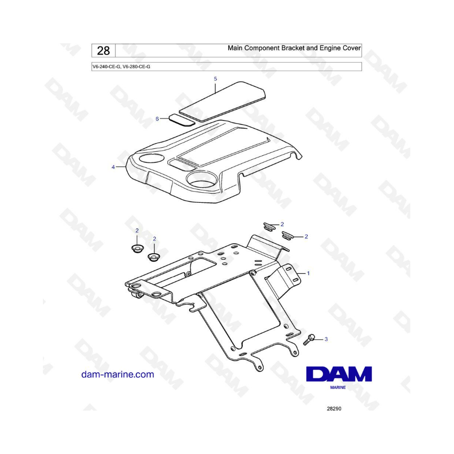 Volvo Penta V6-240 y V6-280 - Soporte de componentes principales y cubierta del motor