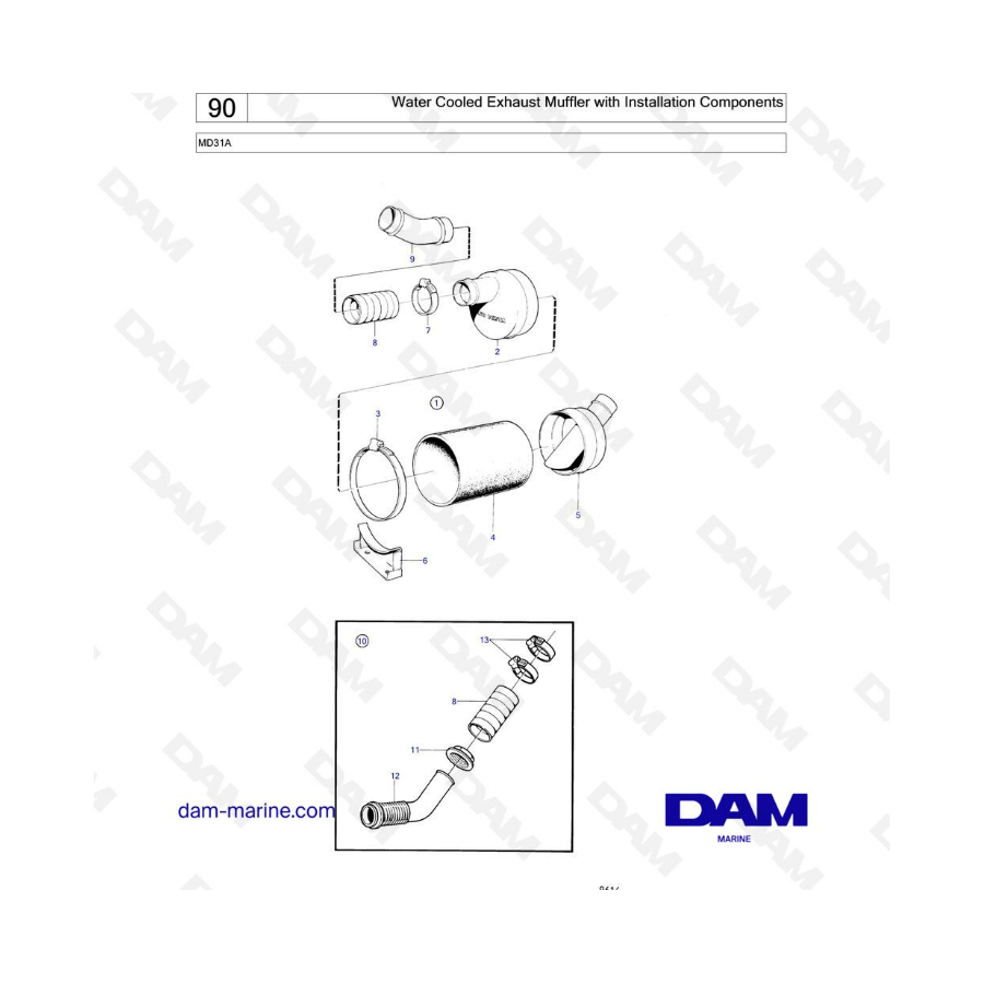 Volvo Penta MD31 - Water Cooled Exhaust Muffler with Installation Components
