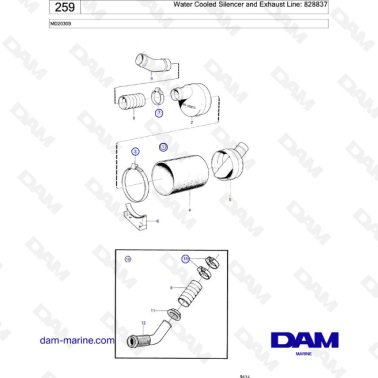 Volvo Penta MD2030 / MD2030B - Water cooled silencer & exhaust line
