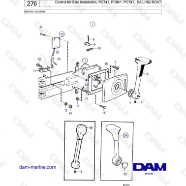 Volvo Penta MD2030B / MD2030 - Control for side installation : PC741, sailing boat