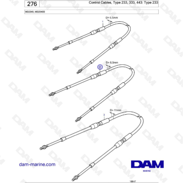 Volvo Penta MD2040 / MD2040B - Control Cables, Type 233, 333, 443