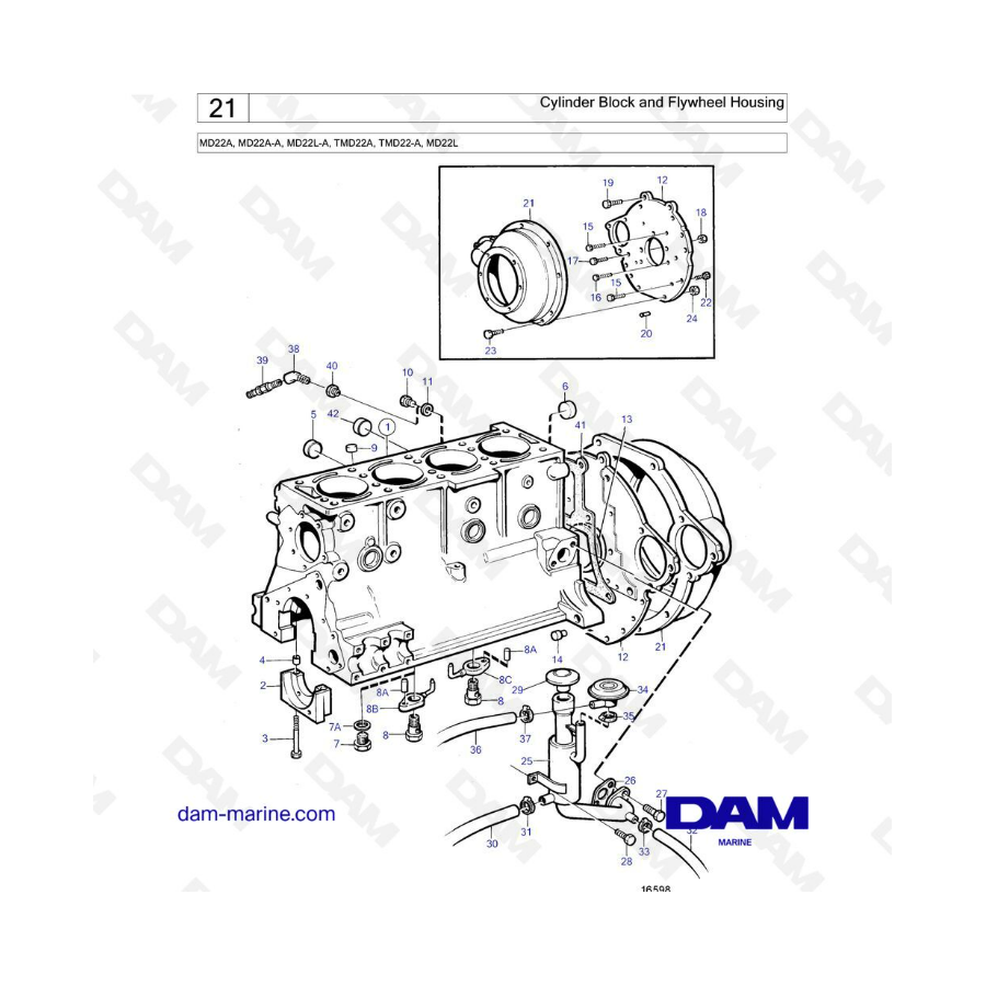 Volvo Penta MD22A / TMD22A / MD22A-A / TMD22-A - Cylinder block & flywheel housing