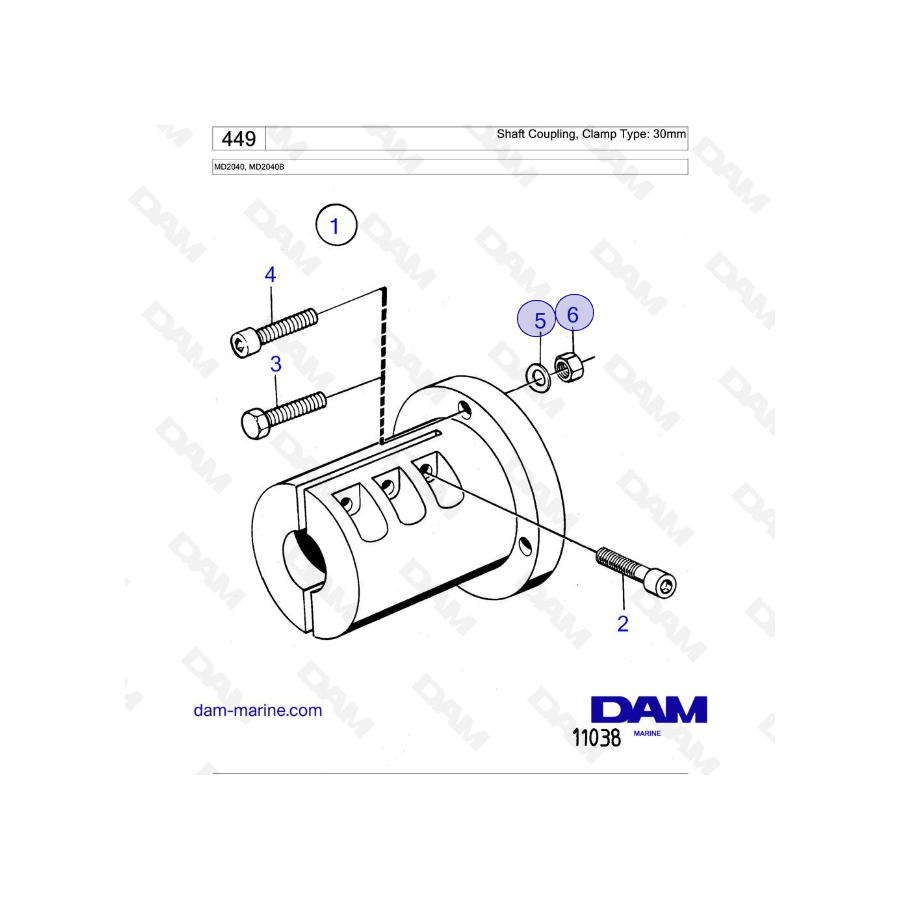 Volvo Penta MD2040 / MD2040B - Acoplamiento de eje, tipo abrazadera: 30 mm