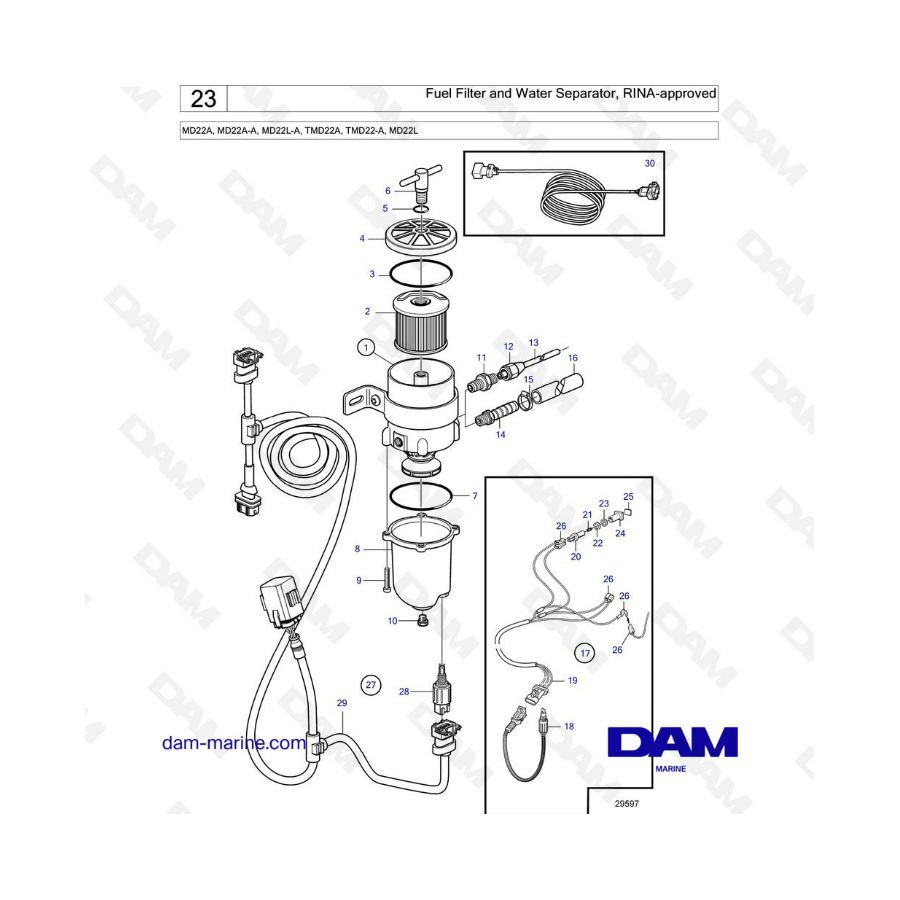 Volvo Penta MD22A / MD22A-A / MD22L-A / TMD22A / TMD22-A / MD22L - Filtro de combustible y separador de agua, aprobado por RINA