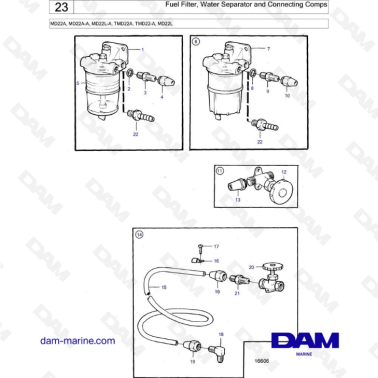 Volvo Penta MD22A / MD22A-A / MD22L-A / TMD22A / TMD22-A / MD22L - Fuel filter, water separator & connecting comps