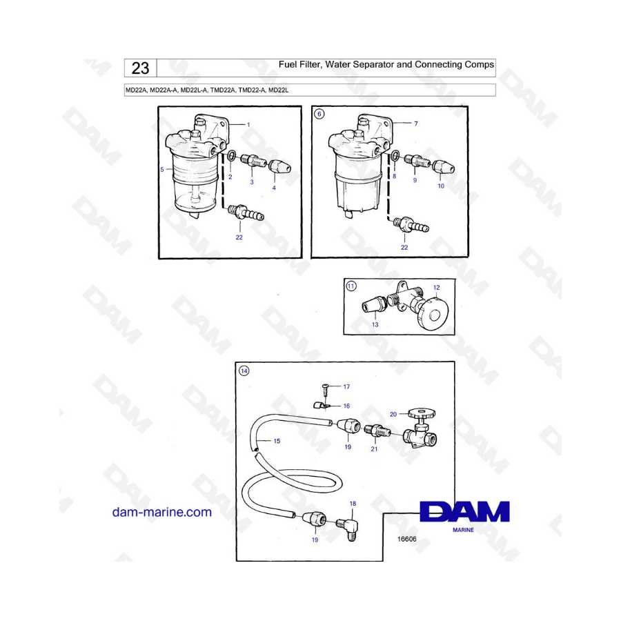 Volvo Penta MD22A / MD22A-A / MD22L-A / TMD22A / TMD22-A / MD22L - Filtro de combustible, separador de agua y componentes de con