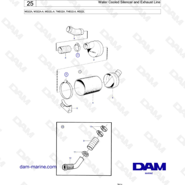 Volvo Penta MD22A / MD22A-A / MD22L-A / TMD22A / TMD22-A / MD22L - Water cooled silencer & exhaust line