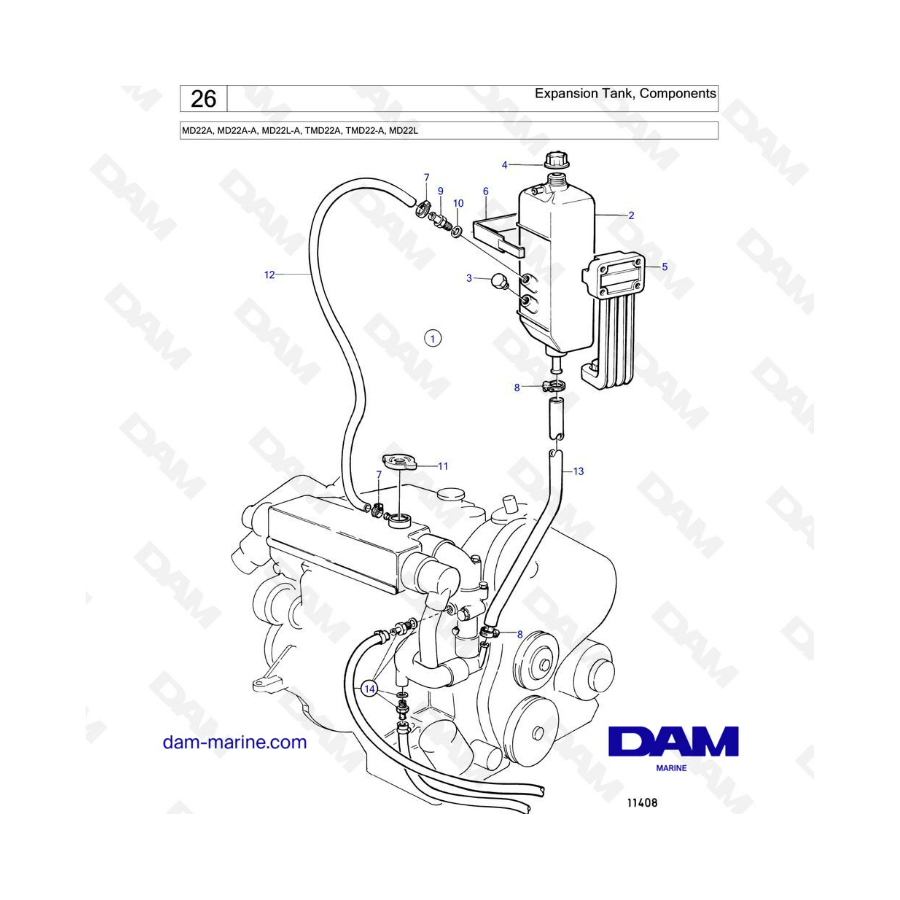 Volvo Penta MD22A / MD22A-A / MD22L-A / TMD22A / TMD22-A / MD22L - Depósito de expansión, componentes
