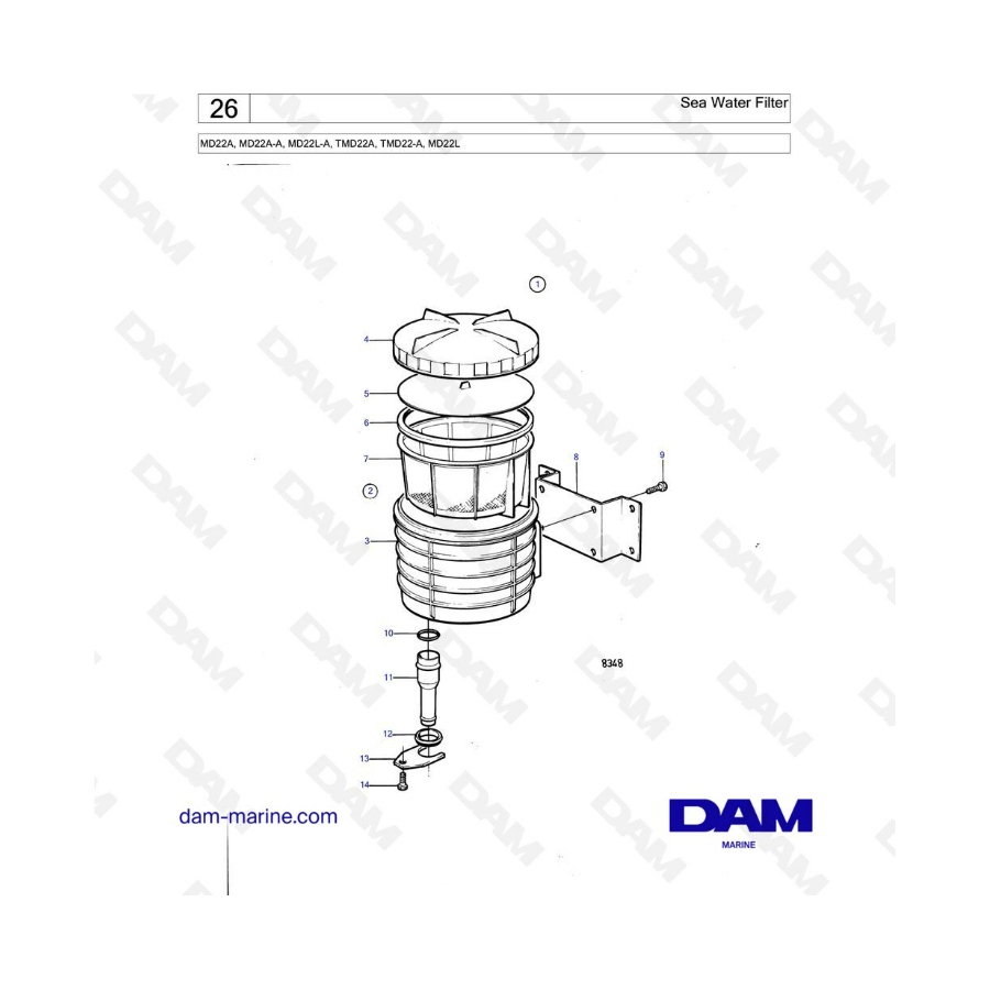  Filtro de agua de mar para Volvo Penta MD22A / MD22A-A / MD22L-A / TMD22A / TMD22-A / MD22L 