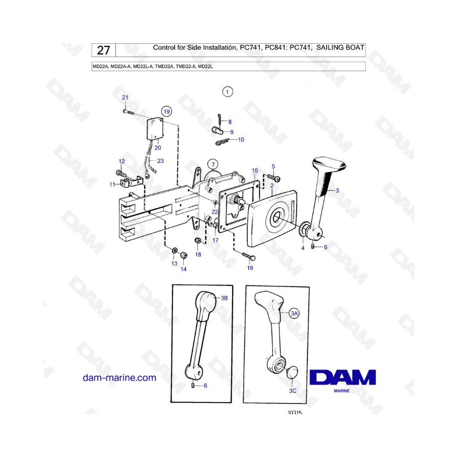 Volvo Penta MD22A / MD22A-A / MD22L-A / TMD22A / TMD22-A / MD22L - Control for Side Installation, PC741