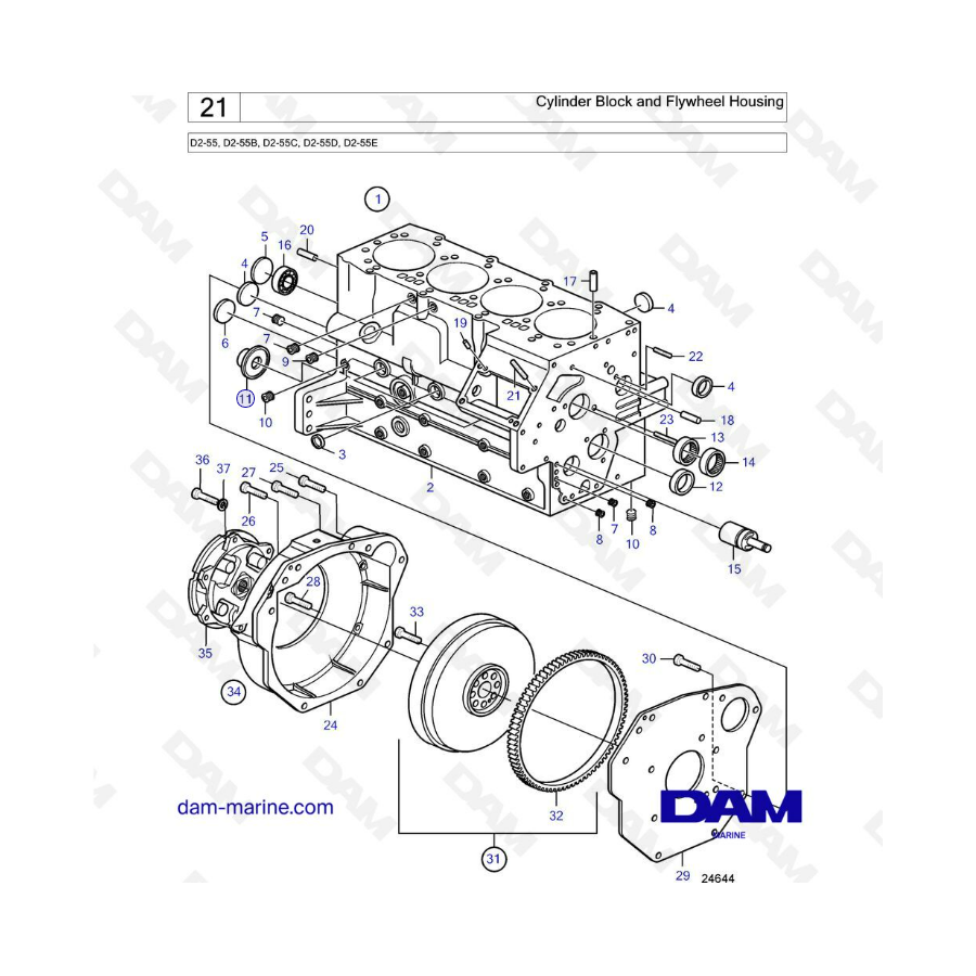Volvo Penta D2-55B / D2-55C / D2-55D / D2-55E - Bloque de cilindros y carcasa del volante