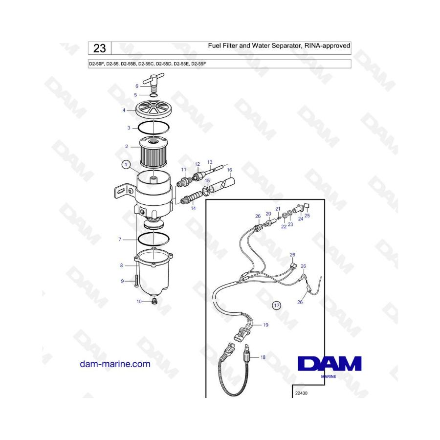 Filtro de combustible y separador de agua para Volvo Penta D2-55B / D2-55C / D2-55D / D2-55E / D2-55F, homologado por RINA.