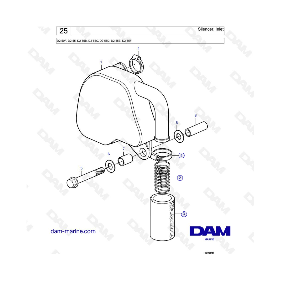 Volvo Penta D2-50F / D2-55 / D2-55B / D2-55C / D2-55D / D2-55E / D2-55F - Silenciador, entrada