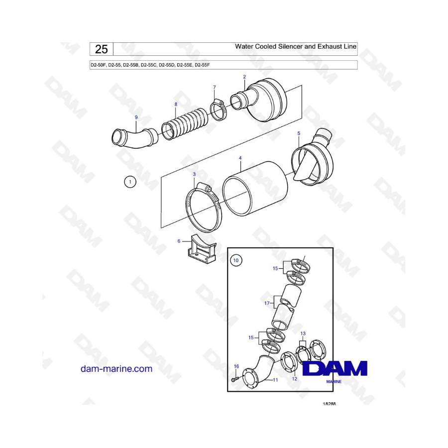 Volvo Penta D2-50F / D2-55 / D2-55B / D2-55C / D2-55D / D2-55E / D2-55F - Silenciador y línea de escape refrigerados por agua