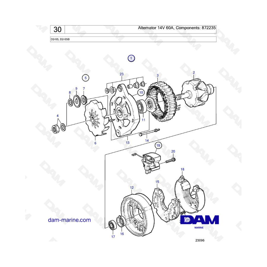 Volvo Penta D2-55 / D2-55B - Alternador 14 V 60 A