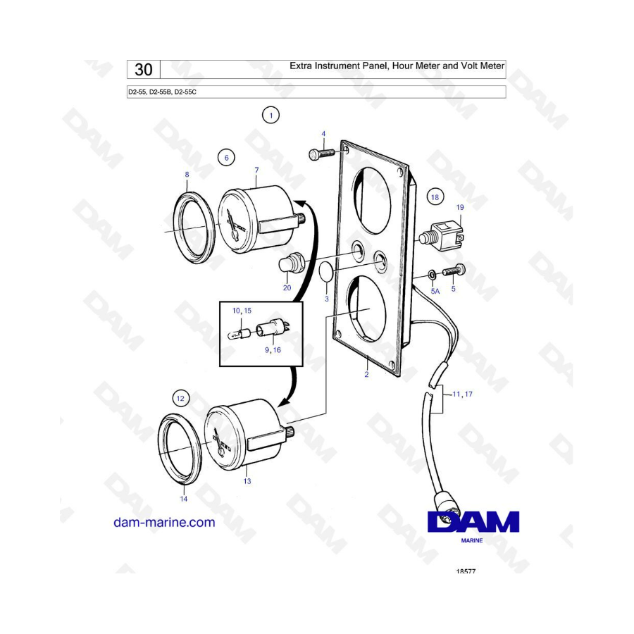 Volvo Penta D2-55 / D2-55B / D2-55C - Panel de instrumentos adicional, contador de horas y voltímetro