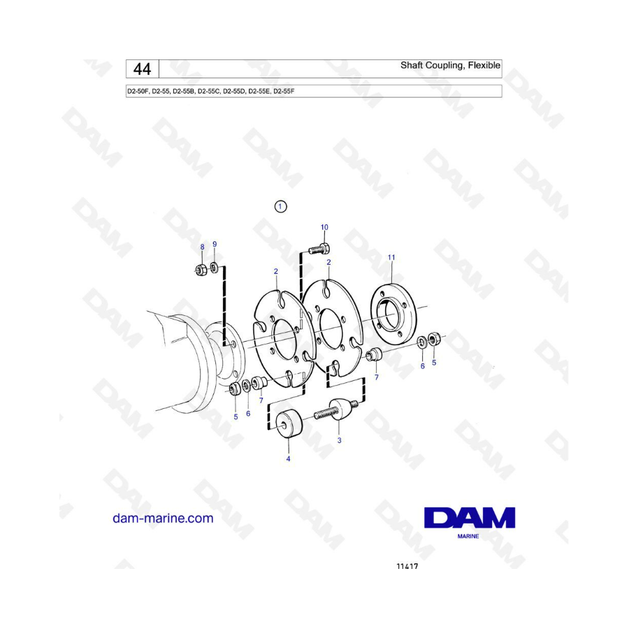 Volvo Penta D2-55 / D2-55B / D2-55C / D2-55D / D2-55E / D2-55F - Shaft coupling, flexible Volvo Penta D2-55 / D2-55B / D2-55C / D2-55D / D2-55E / D2-55F - Shaft coupling, flexible