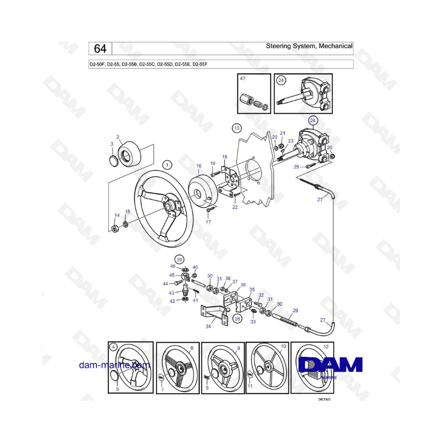 Volvo Penta D2-55 / D2-55B / D2-55C / D2-55D / D2-55E / D2-55F - Sistema de dirección, mecánico 
