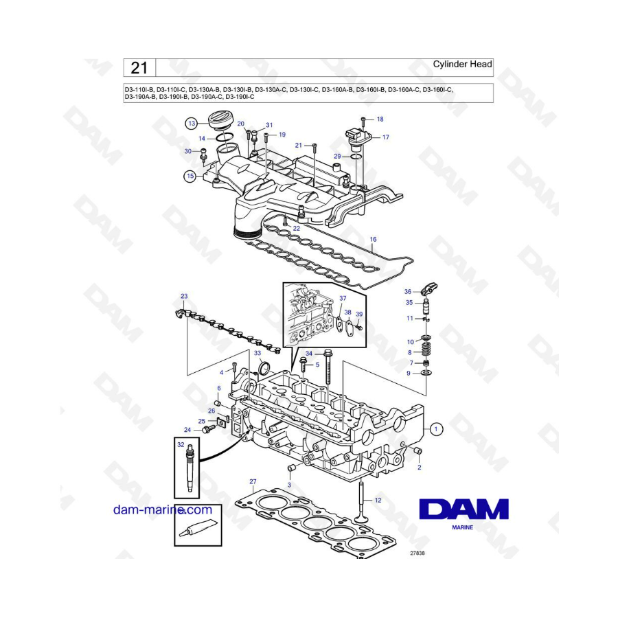 Volvo Penta D3-110I-B / -C / D3-130A-B / A-C / I-B / I-C / D3-160A-B / I-B / A-C / I-C / A-B / I-B / A-C / I-C - Cylinder head