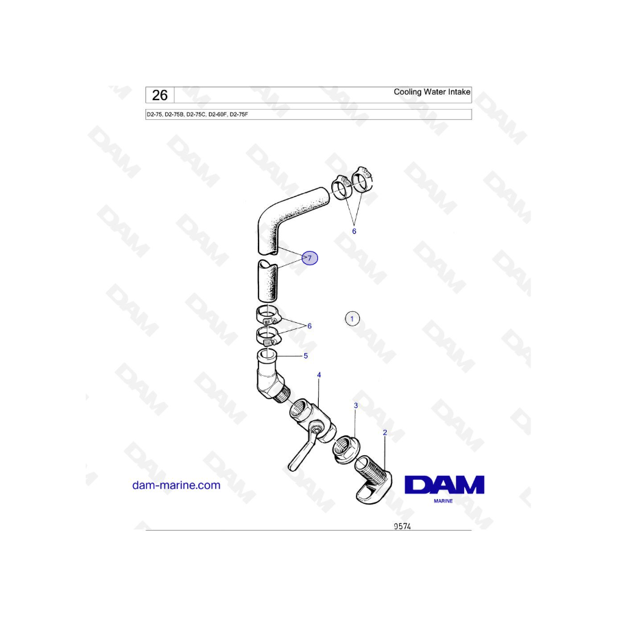 Volvo Penta D2-75 / D2-75B / D2-75C / D2-60F / D2-75F - Admisión de agua de refrigeración