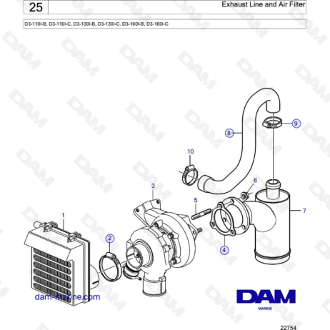 Volvo Penta D3-110 / D3-130 / D3-160 - Línea de escape y filtro de aire