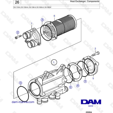 Volvo Penta D3-110I-A, D3-130A-A, D3-130I-A, D3-160A-A, D3-160I-A - Heat exchanger, components