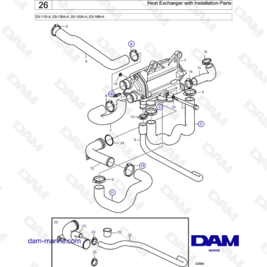 Volvo Penta D3-110I-A, D3-130A-A, D3-160A-A, D3-160I-A - Heat exchanger with installation parts