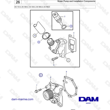 Volvo Penta D3-110I-A, D3-130A-A, D3-130I-A, D3-160A-A, D3-160I-A - Water pump & installation components