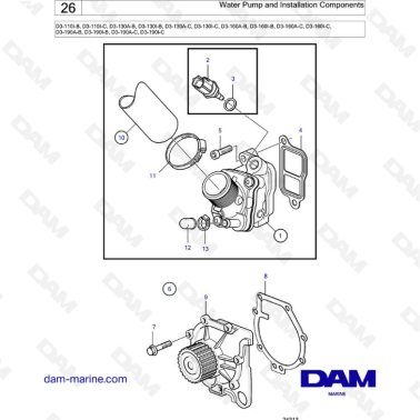 Volvo Penta D3-110 / D3-130 / D3-160 / D3-190 - Water pump & installation components