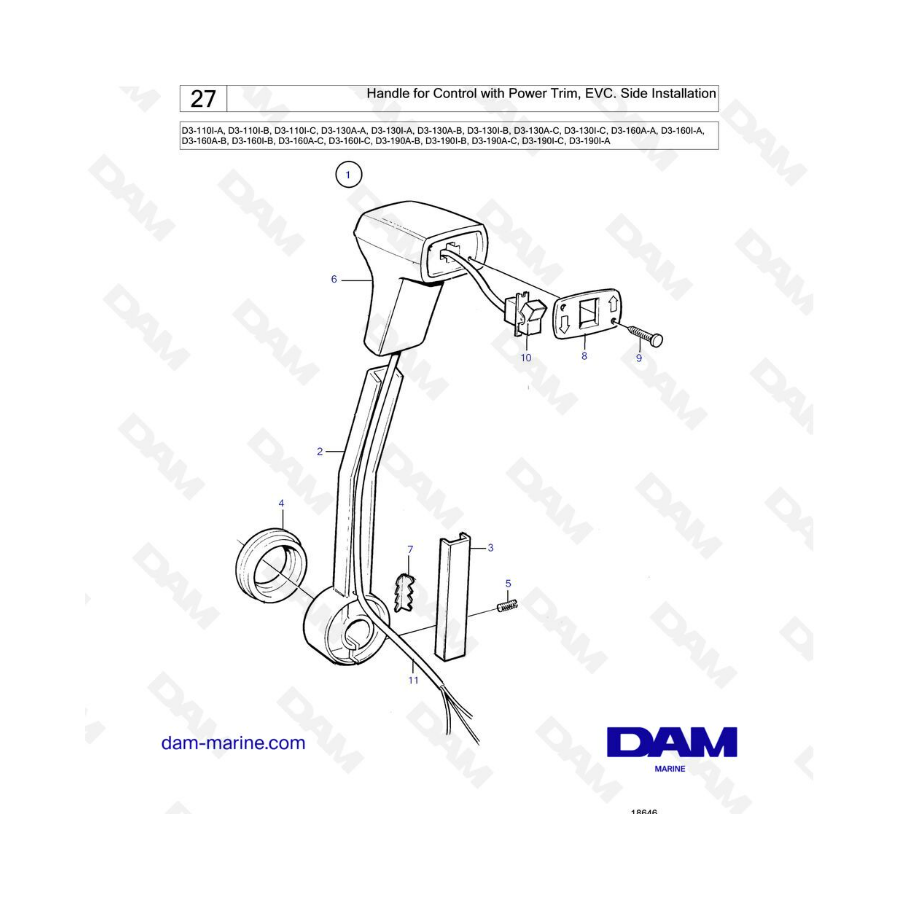 Volvo Penta D3-110 / D3-130 / D3-160 / D3-190 - Manija para control con trimado eléctrico, EVC, instalación lateral