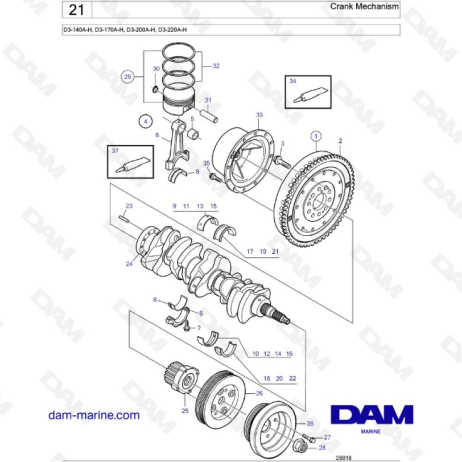 Volvo Penta D3-140A-H / D3-170AH / D3-200A-H / D3-220A-H - Crank Mechanism