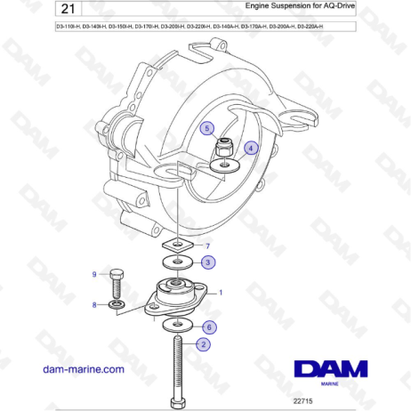 Volvo Penta D3-110I-H / D3-140I-H / D3-150I-H / D3-170I-H / D3-200I-H / D3-220I-H / D3-140A-H - Engine Suspension for AQ-Drive