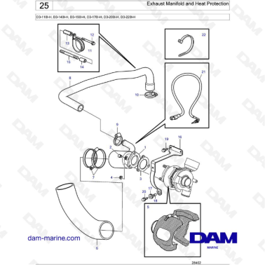 Volvo Penta D3-110I-H / D3-140I-H / D3-150I-H / D3-170I-H / D3-200I-H / D3-220I-H - Exhaust Manifold and Heat Protection