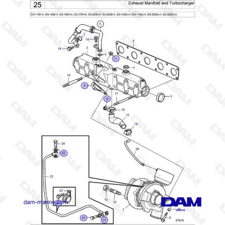 Volvo Penta D3-110I-H / D3-140I-H / D3-150I-H / D3-170I-H / D3-200I-H / D3-220I-H - Exhaust Manifold and Turbocharger