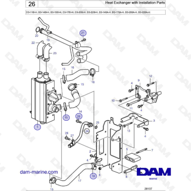 Volvo Penta D3-110I-H / D3-140I-H / D3-150I-H / D3-170I-H / D3-200I-H / D3-220I-H - Heat Exchanger with Installation Parts