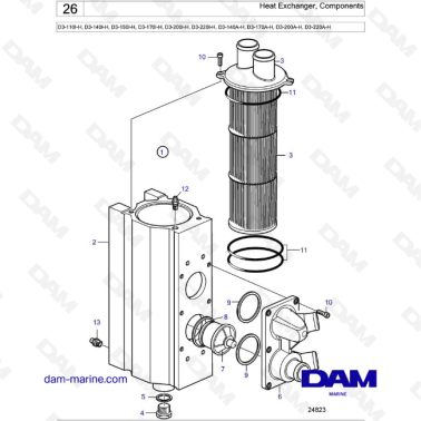 Volvo Penta D3-110I-H / D3-140I-H / D3-150I-H / D3-170I-H / D3-200I-H / D3-220I-H / D3-140A-H - Heat Exchanger, Components