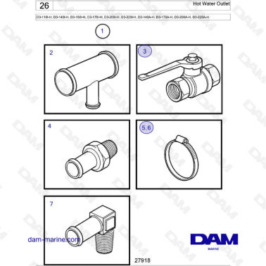 Volvo Penta D3-110I-H / D3-140I-H / D3-150I-H / D3-170I-H / D3-200I-H / D3-220I-H / D3-140A-H / D3-170A-H - Hot Water Outlet